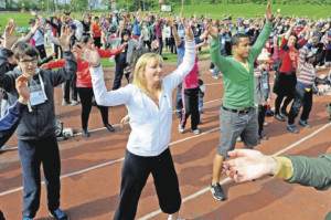 Echauffement collectif avec Timea Bacsinszky et Sergei Aschwander